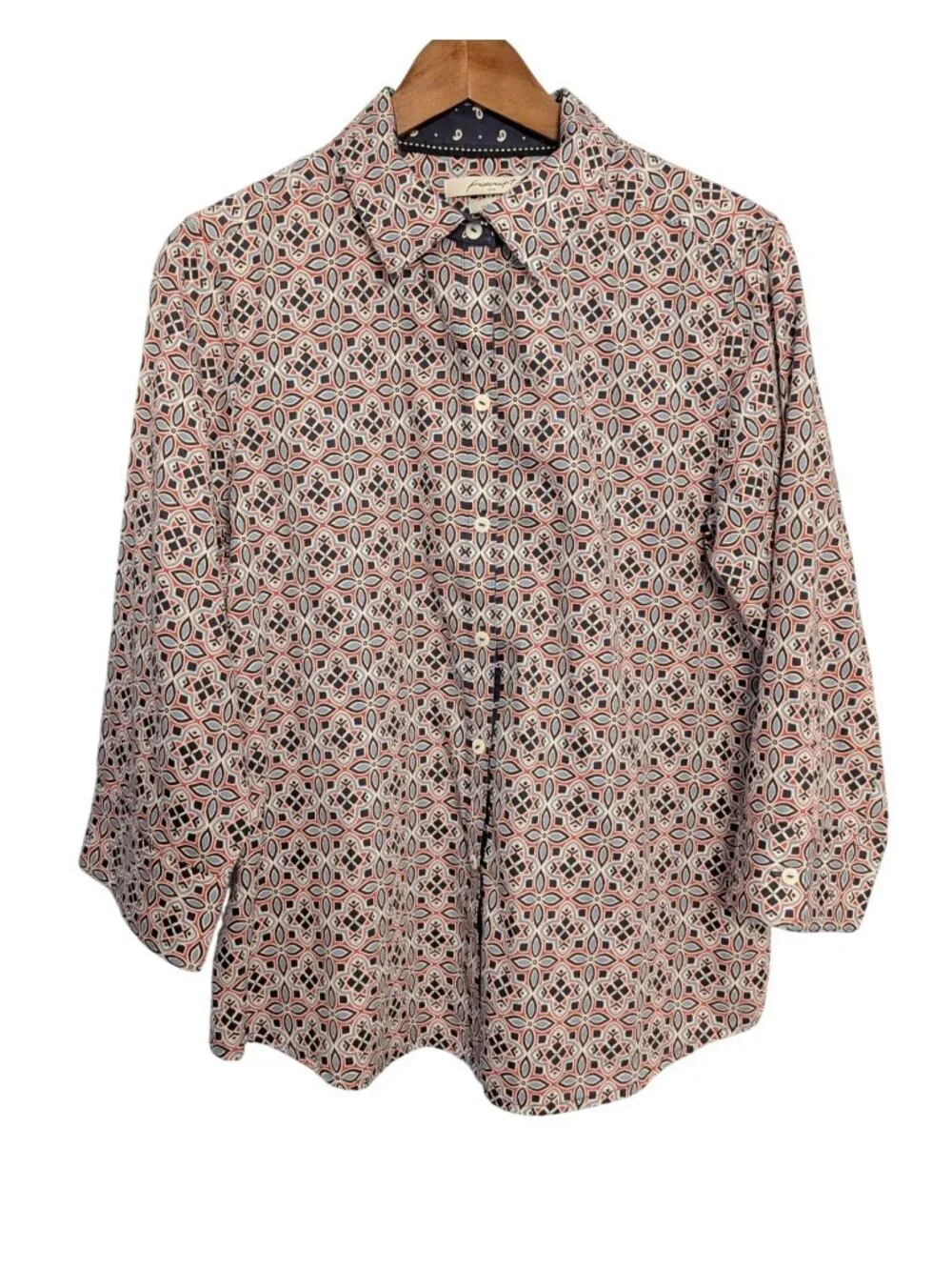 Foxcroft Womens Wrinkle-Free Button-Up Shirt Size 14 Geometric Print 3/4 Sleeves - Picture 7 of 15